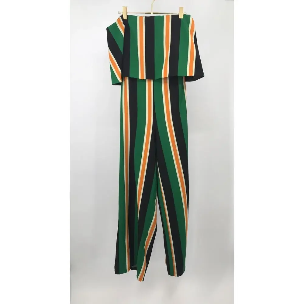 DO+BE Retro Striped Strapless Jumpsuit Womens M Draped Open Back Wide Leg